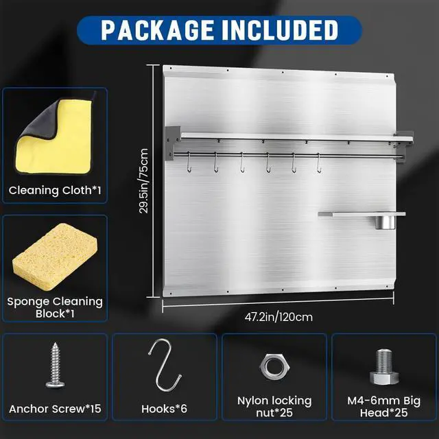 Alt view image 7 of 7 - 48"x 30" Stainless Steel Backsplash, Range Backsplash with Storage Shelf & Knife Rack, Stainless Steel for Stove Wall Shield with Pre-Drilled Holes