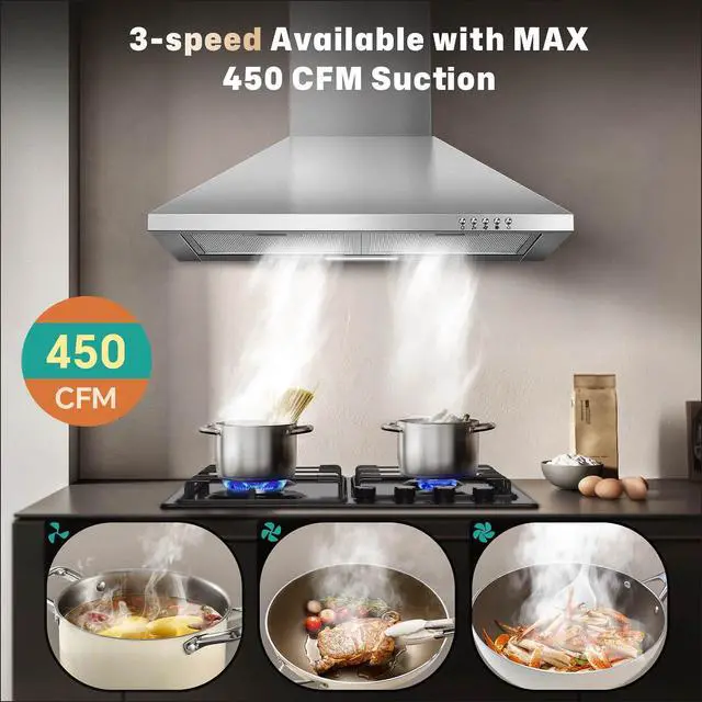 Alt view image 3 of 7 - 24 inch Range Hood,Stainless Steel Oven Vent Hood,Wall Mount Kitchen Hood,Ducted/Ductless Chimney-Style Kitchen Exhaust Hood with Push Button Control,Stove Vent Hood with 3-speed Fan