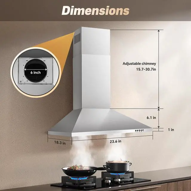 Alt view image 4 of 7 - 24 inch Range Hood,Stainless Steel Oven Vent Hood,Wall Mount Kitchen Hood,Ducted/Ductless Chimney-Style Kitchen Exhaust Hood with Push Button Control,Stove Vent Hood with 3-speed Fan