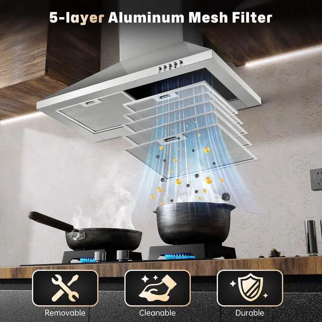 Alt view image 6 of 7 - 24 inch Range Hood,Stainless Steel Oven Vent Hood,Wall Mount Kitchen Hood,Ducted/Ductless Chimney-Style Kitchen Exhaust Hood with Push Button Control,Stove Vent Hood with 3-speed Fan