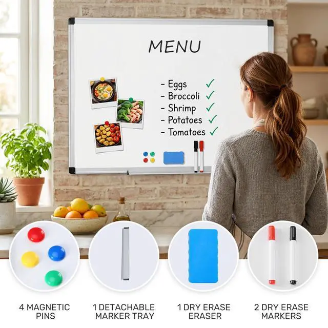 Alt view image 6 of 7 - Magnetic Dry Erase Board 40" x 30" Whiteboard, 1 Dry Eraser & 2 Multicolor Markers & 4 Magnetic Pins, Silver Reinforced Aluminum Frame for Home, School, Office