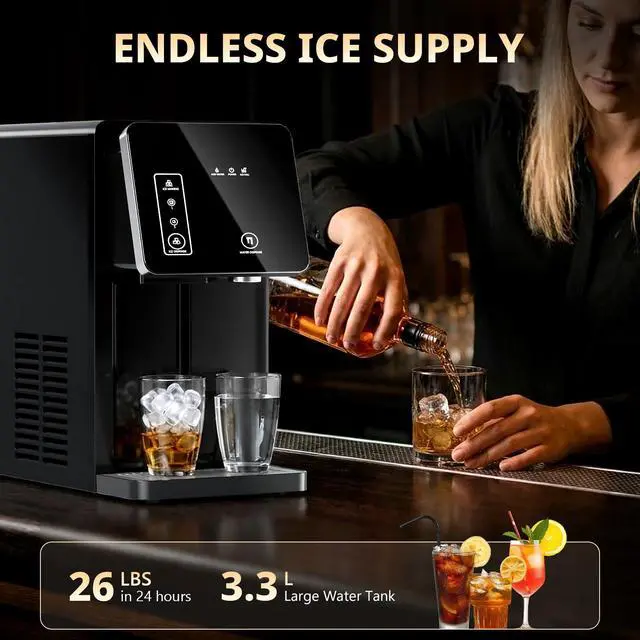 Alt view image 2 of 7 - 2-in-1 Countertop Ice Maker Machine with Water Dispenser, Black | 9 Ice Cubes Release in 8 Mintues, 26Lbs/24H Dual Sizes of Bullet, 3.3L Removable Water Tank for Home, Kitchen, Office
