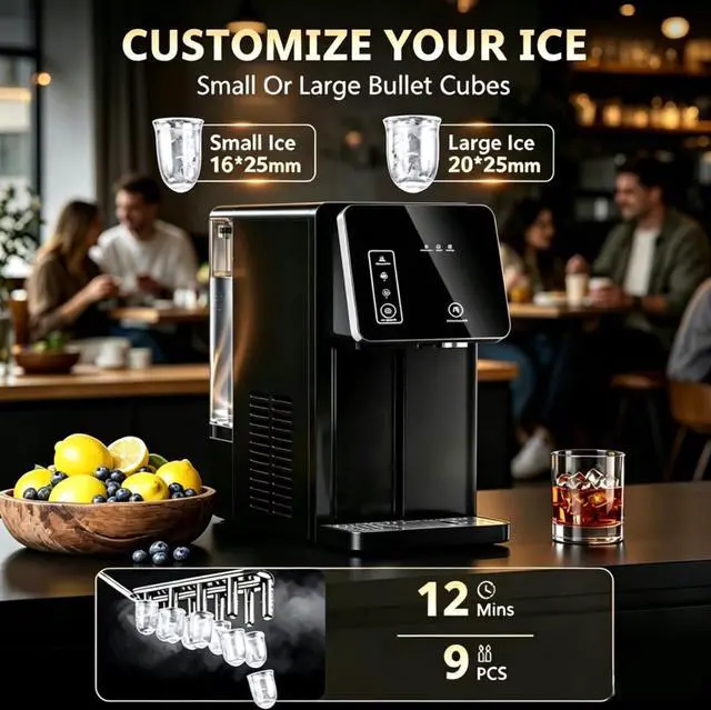 Alt view image 3 of 7 - 2-in-1 Countertop Ice Maker Machine with Water Dispenser, Black | 9 Ice Cubes Release in 8 Mintues, 26Lbs/24H Dual Sizes of Bullet, 3.3L Removable Water Tank for Home, Kitchen, Office