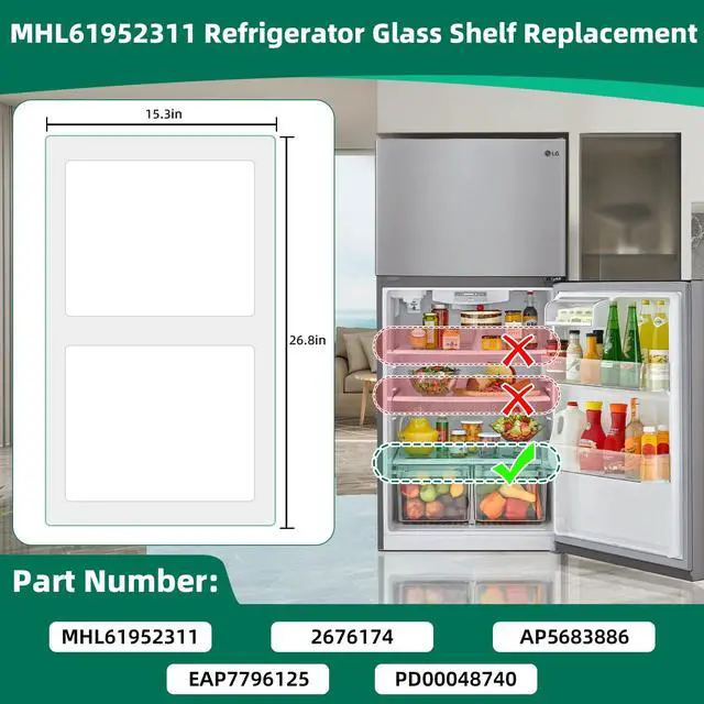 Alt view image 3 of 7 - Upgraded MHL61952311 Refrigerator Glass Shelf Replacement Compatible with LG and kenmore Refrigerator Shelf Replacement Parts Tempered Glass Crisper Drawer Cover Crisper Glass Inserts Replacement
