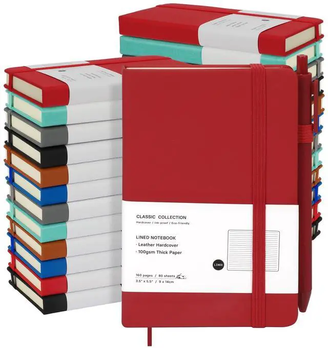 Main image of 24 Pack A6 Pocket Small Notebook with 24 Pens Bulk Classic Hardcover Leather Journal Set with Pen Holder for Men Women Writing, Office, Home, School, Business, 100GSM, 3.5 x 5.5, Multicolor