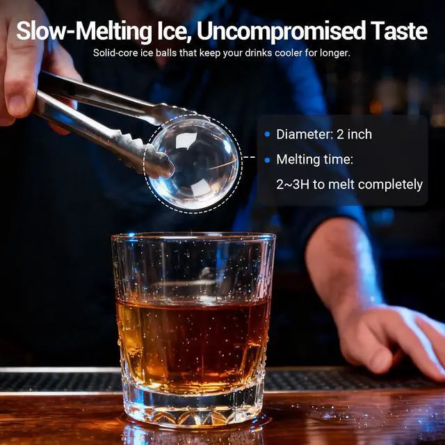 Alt view image 3 of 6 - 2'' Clear Ice Ball Maker Machine Countertop, 2pcs Ice Spheres in 40-60mins, Self-Cleaning, Clear Sphere Ice Maker for Whiskey, Bourbon & Cocktails