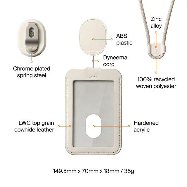 Alt view image 5 of 7 - ID Card Holder with Lanyard - Stone | Premium Leather Badge Holder | Premium Leather | Fits 1 Access Card + 1 Non-RFID Card | Durable Dyneema® Lanyard | Slim Everyday Carry