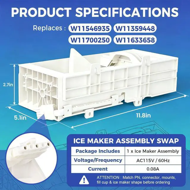 Alt view image 2 of 7 - W11546935 W11359448 W11700250 W11633658 Refrigerator Ice Maker Replacement Ice Maker Assembly Compatible with Select Models