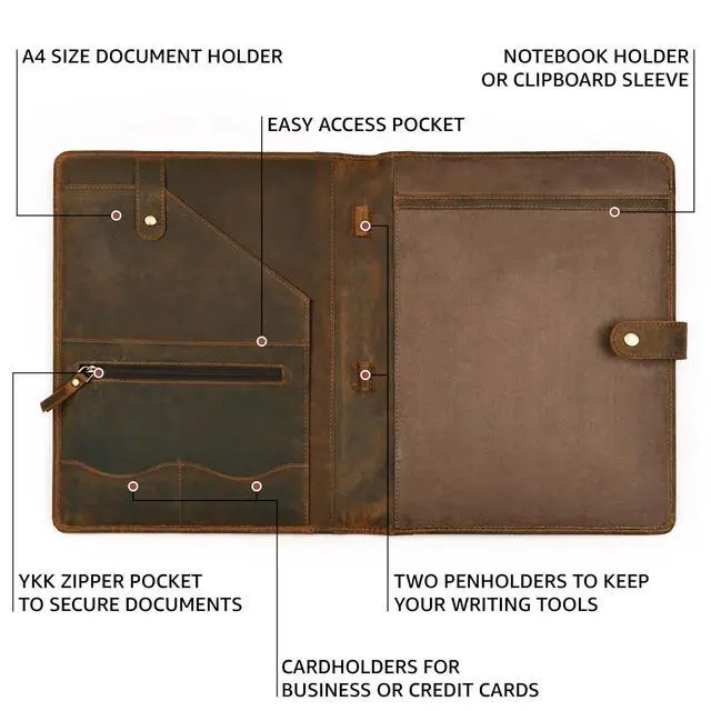 Alt view image 3 of 7 - Genuine Leather Portfolio Brown Professional Organizer & Resume Folder, Antique Leather Business Document Padfolio with Writing Pad, Ideal Gift for Men & Women