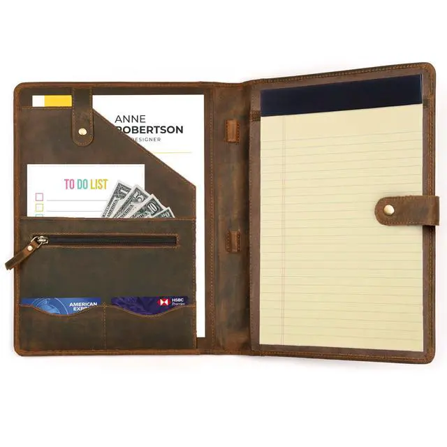 Alt view image 4 of 7 - Genuine Leather Portfolio Brown Professional Organizer & Resume Folder, Antique Leather Business Document Padfolio with Writing Pad, Ideal Gift for Men & Women
