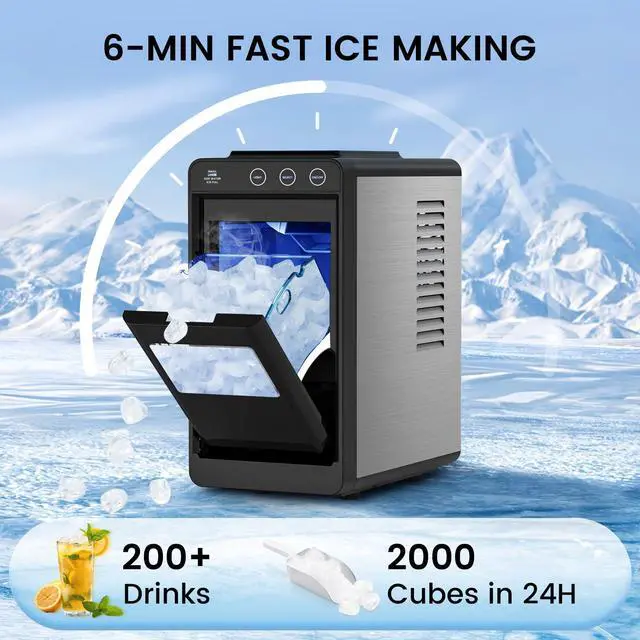 Alt view image 4 of 5 - Ice Maker Countertop, Portable Ice Machine with Basket and Scoop, 8 Cubes in 6 Mins, 26 lbs/24H, Auto-Cleaning Commercial Ice Maker for Kitchen, RV, Camping, Black