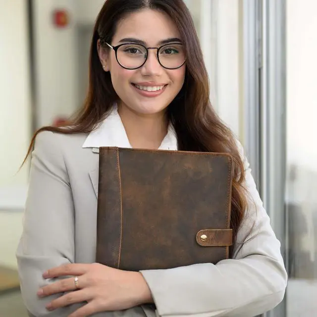 Alt view image 7 of 7 - Genuine Leather Portfolio Brown Professional Organizer & Resume Folder, Antique Leather Business Document Padfolio with Writing Pad, Ideal Gift for Men & Women