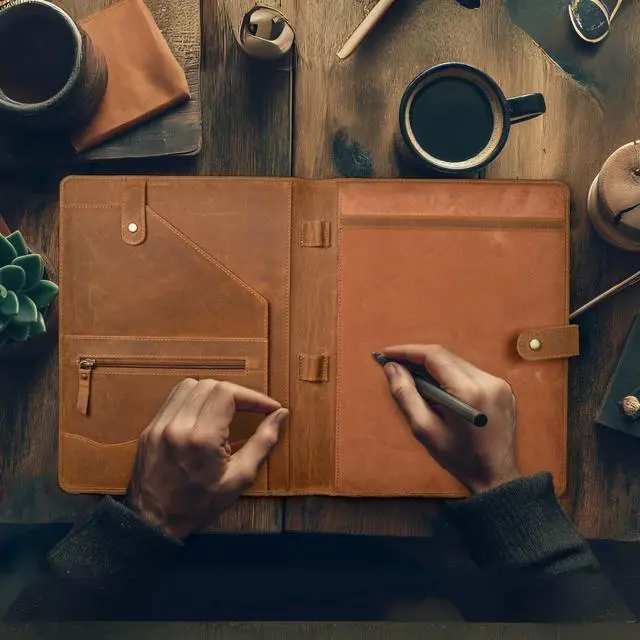 Alt view image 6 of 7 - Genuine Leather Portfolio Tan Brown Professional Organizer & Resume Folder, Antique Leather Business Document Padfolio with Writing Pad, Ideal Gift for Men & Women