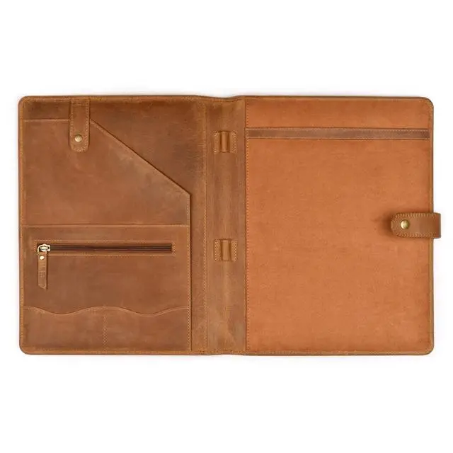 Alt view image 4 of 7 - Genuine Leather Portfolio Tan Brown Professional Organizer & Resume Folder, Antique Leather Business Document Padfolio with Writing Pad, Ideal Gift for Men & Women