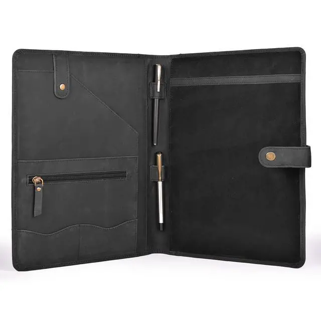 Alt view image 3 of 7 - Genuine Leather Portfolio Sleek Black Professional Organizer & Resume Folder, Antique Leather Business Document Padfolio with Writing Pad, Ideal Gift for Men & Women