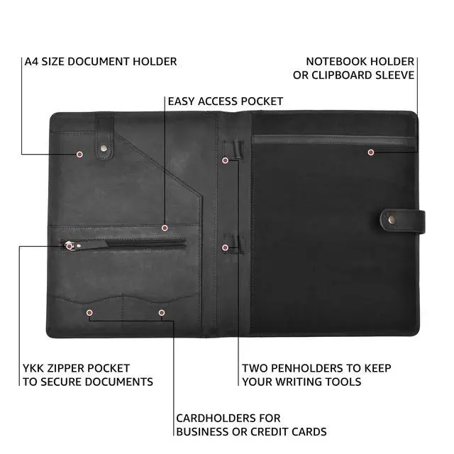 Alt view image 5 of 7 - Genuine Leather Portfolio Sleek Black Professional Organizer & Resume Folder, Antique Leather Business Document Padfolio with Writing Pad, Ideal Gift for Men & Women