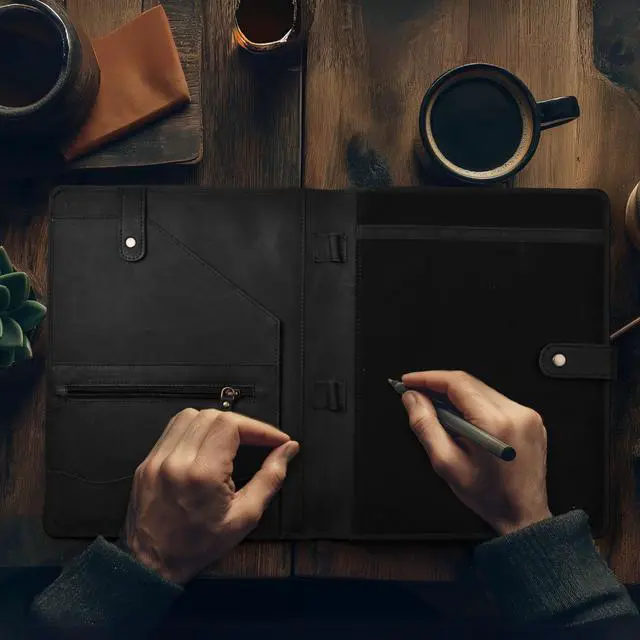 Alt view image 6 of 7 - Genuine Leather Portfolio Sleek Black Professional Organizer & Resume Folder, Antique Leather Business Document Padfolio with Writing Pad, Ideal Gift for Men & Women