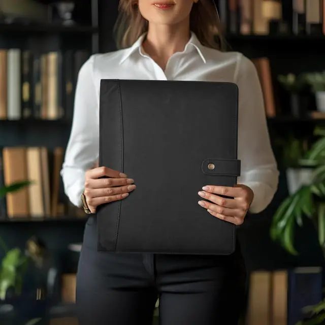 Alt view image 7 of 7 - Genuine Leather Portfolio Sleek Black Professional Organizer & Resume Folder, Antique Leather Business Document Padfolio with Writing Pad, Ideal Gift for Men & Women