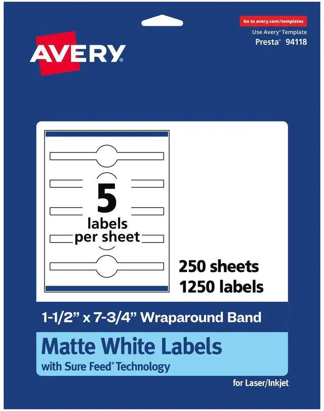Main image of ® Matte White Wraparound Band Labels, Sure Feed® Technology, 1-1/2" x 7-3/4", 1,250 White Labels, Print-to-the-Edge, Permanent Label Adhesive, Laser/Inkjet Printable Labels