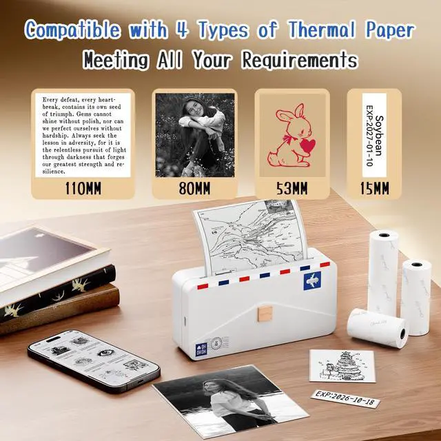 Alt view image 3 of 7 - Portable Thermal Printer M04AS AI Smart Printer 4 Inch Mini Sticker Printer, Support 15/53/80/110mm Printing Width, 300dpi, Suitable for Labels, Notes, Memo, Chritstmas Gift