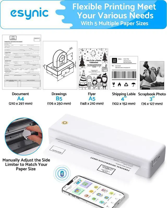 Alt view image 3 of 7 - 203DPI Portable Thermal Printer for Students & Office-Wireless Bluetooth Travel Printer-Easy to Set Up- Inkless-Supports Letter/A4 Multi-Size Thermal Papers-App Use Required for iPhone & Laptop