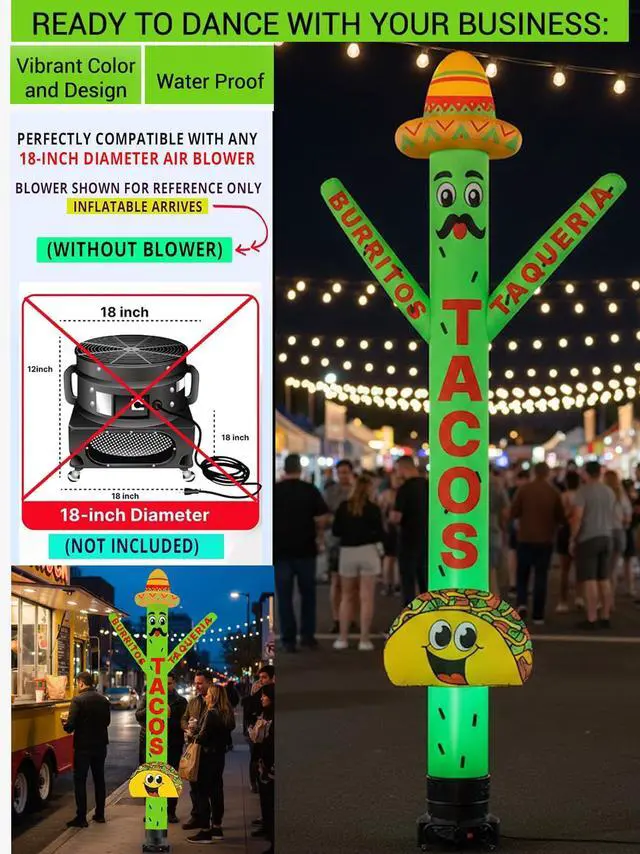 Alt view image 2 of 7 - 20ft Tacos Air Inflatable Dancer Puppet with Sombrero Hat - Eye-Catching Taco Burritos & Taqueria Advertising for Mexican Restaurants Events Promotions Durable Colorful Sky Tubeman (Without Blower)