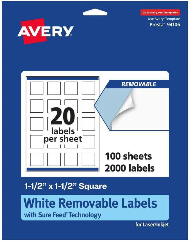 Main image of ® Matte White Removable Square Labels, Sure Feed® Technology, Print-to-The-Edge, 1.5" x 1.5", 2,000 Removable Labels, Laser/Inkjet Printable