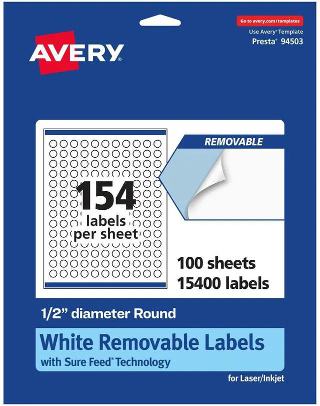 Main image of Matte White Removable Round Labels, Sure Feed Technology, Print-to-The-Edge, 0.5" Diameter, 15,400 Removable Labels, Laser/Inkjet Printable