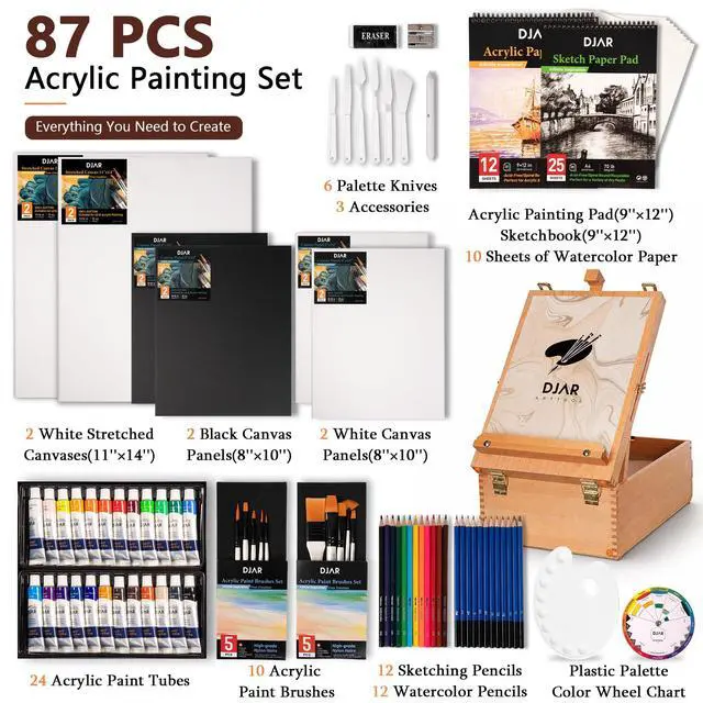 Alt view image 2 of 7 - 87 Pcs Acrylic Paint Set with Tabletop Easel for Adults & Beginners | 24 Colors, Canvas, Brushes & Palette, Professional Art Supplies, Storage Box Ideal for Artists & Students