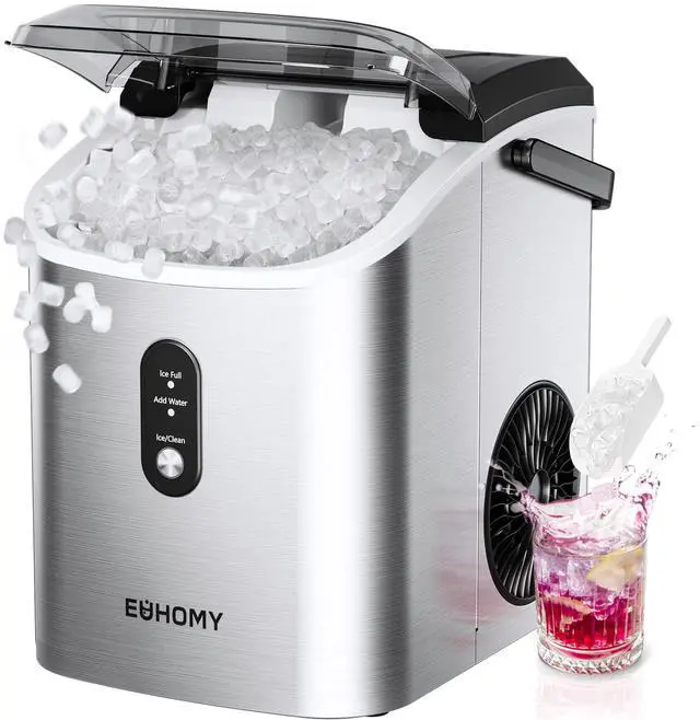 Main image of Nugget Ice Maker Countertop with Handle, Ready in 6 Mins, 34lbs Per Day, Removable Top Cover, Auto-Cleaning, Portable Sonic Ice Maker with Basket and Scoop, for Home/Party/RV/Camping (Silver)