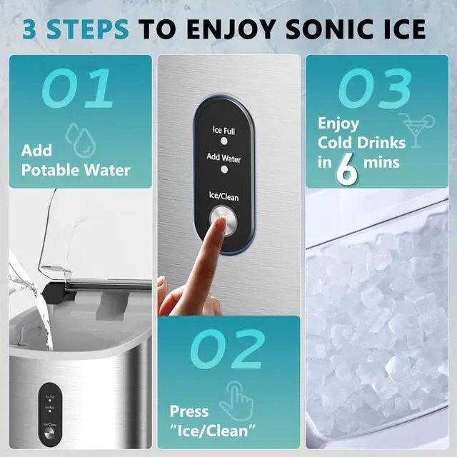 Alt view image 6 of 7 - Nugget Ice Maker Countertop with Handle, Ready in 6 Mins, 34lbs Per Day, Removable Top Cover, Auto-Cleaning, Portable Sonic Ice Maker with Basket and Scoop, for Home/Party/RV/Camping (Silver)