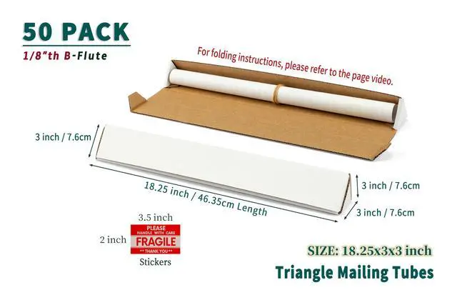 Alt view image 5 of 7 - 50-Pack Triangle Shipping Tubes, 18.25x3x3 inch Mailer Boxes | White 18" Long Cardboard Boxes for Posters, Blueprints, Artwork, Crafts, Mailing, Packaging, Storage
