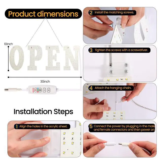 Alt view image 3 of 7 - LED Open Signs for Business 30"x10" Dimmable Bright Business Open Sign with Hanging Installation for Window Stores, Hotel, Store, Bar, Retail Shop, Salon, Restaurant
