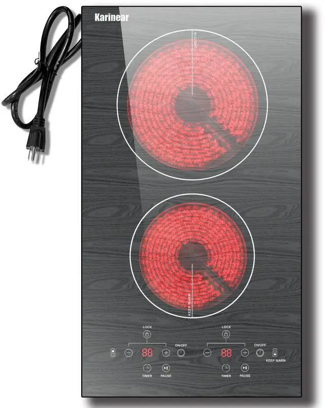 Main image of Electric Cooktop 2 Burners, 110v Plug in Electric Stove Top | Glass with Beautiful Wooden Pattern, Countertop Use or Built-in Install, 12'' Radiant Ceramic Cooktop, Timer, Child Lock