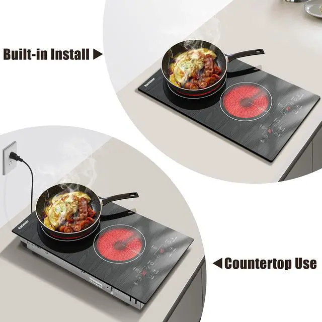 Alt view image 3 of 6 - Electric Cooktop 2 Burners, 110v Plug in Electric Stove Top | Glass with Beautiful Wooden Pattern, Countertop Use or Built-in Install, 12'' Radiant Ceramic Cooktop, Timer, Child Lock