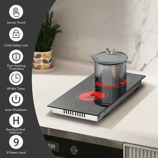 Alt view image 2 of 6 - Electric Cooktop 2 Burners, 110v Plug in Electric Stove Top | Glass with Beautiful Wooden Pattern, Countertop Use or Built-in Install, 12'' Radiant Ceramic Cooktop, Timer, Child Lock