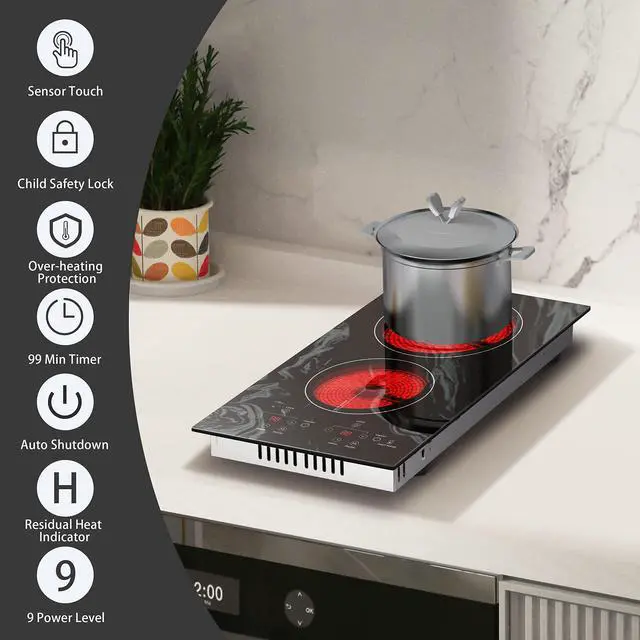 Alt view image 2 of 7 - Electric Cooktop 2 Burners, 110v Plug in Electric Stove Top | Glass with Beautiful Wave Pattern, Countertop Use or Built-in Install, 12'' Radiant Ceramic Cooktop, Timer, Child Lock