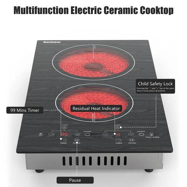 Alt view image 6 of 6 - Electric Cooktop 2 Burners, 110v Plug in Electric Stove Top | Glass with Beautiful Wooden Pattern, Countertop Use or Built-in Install, 12'' Radiant Ceramic Cooktop, Timer, Child Lock