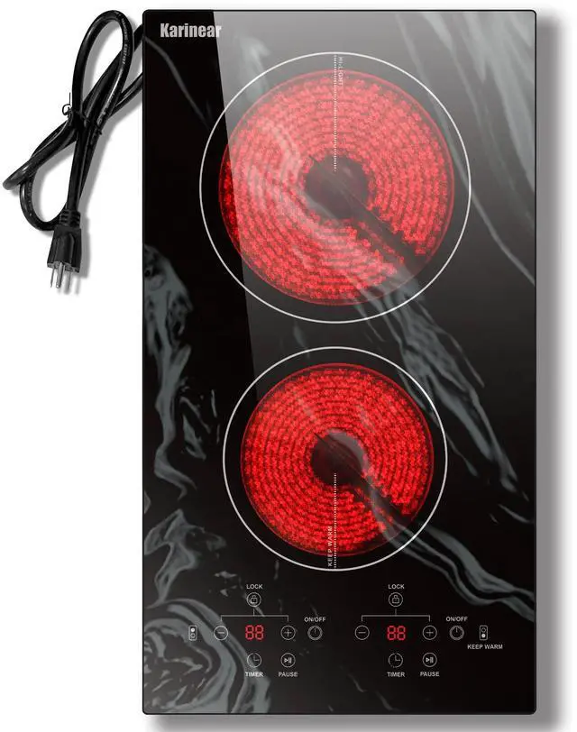 Main image of Electric Cooktop 2 Burners, 110v Plug in Electric Stove Top | Glass with Beautiful Wave Pattern, Countertop Use or Built-in Install, 12'' Radiant Ceramic Cooktop, Timer, Child Lock