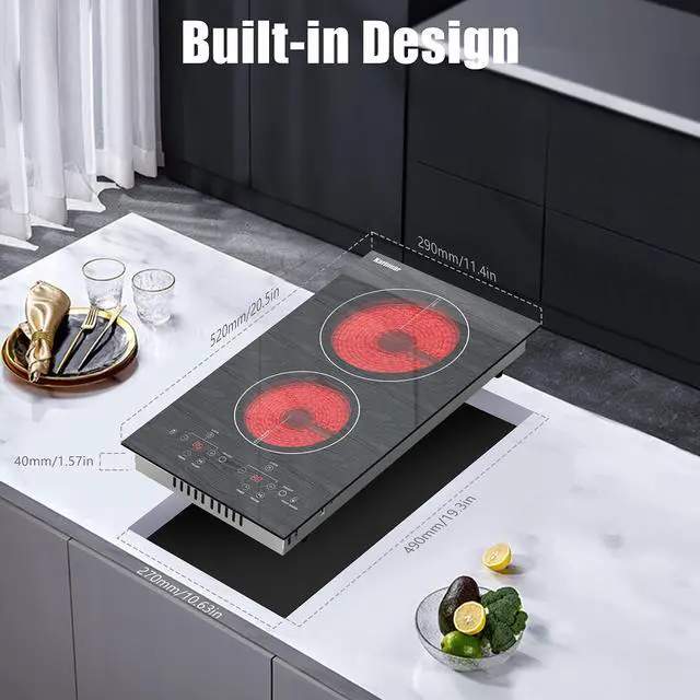 Alt view image 5 of 6 - Electric Cooktop 2 Burners, 110v Plug in Electric Stove Top | Glass with Beautiful Wooden Pattern, Countertop Use or Built-in Install, 12'' Radiant Ceramic Cooktop, Timer, Child Lock