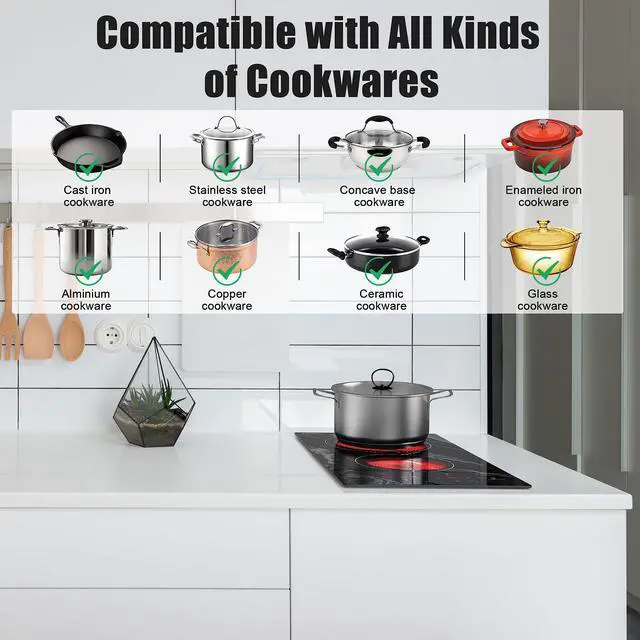 Alt view image 4 of 7 - Electric Cooktop 2 Burners, 110v Plug in Electric Stove Top | Glass with Beautiful Wave Pattern, Countertop Use or Built-in Install, 12'' Radiant Ceramic Cooktop, Timer, Child Lock