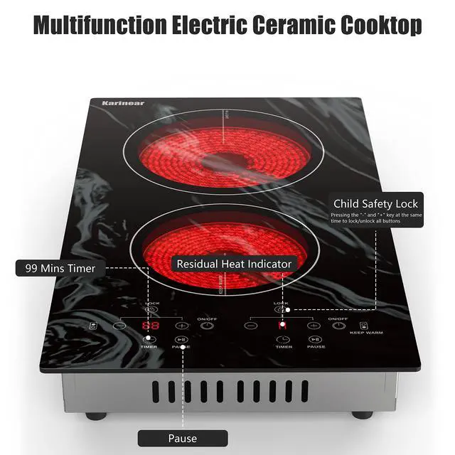 Alt view image 7 of 7 - Electric Cooktop 2 Burners, 110v Plug in Electric Stove Top | Glass with Beautiful Wave Pattern, Countertop Use or Built-in Install, 12'' Radiant Ceramic Cooktop, Timer, Child Lock