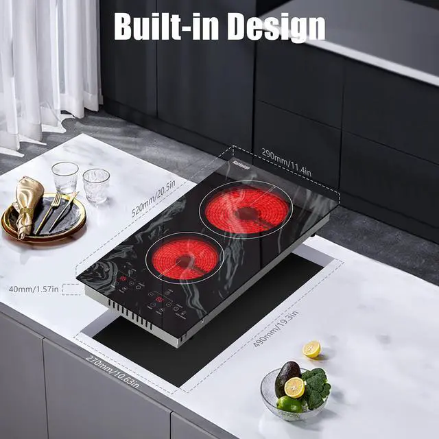 Alt view image 6 of 7 - Electric Cooktop 2 Burners, 110v Plug in Electric Stove Top | Glass with Beautiful Wave Pattern, Countertop Use or Built-in Install, 12'' Radiant Ceramic Cooktop, Timer, Child Lock