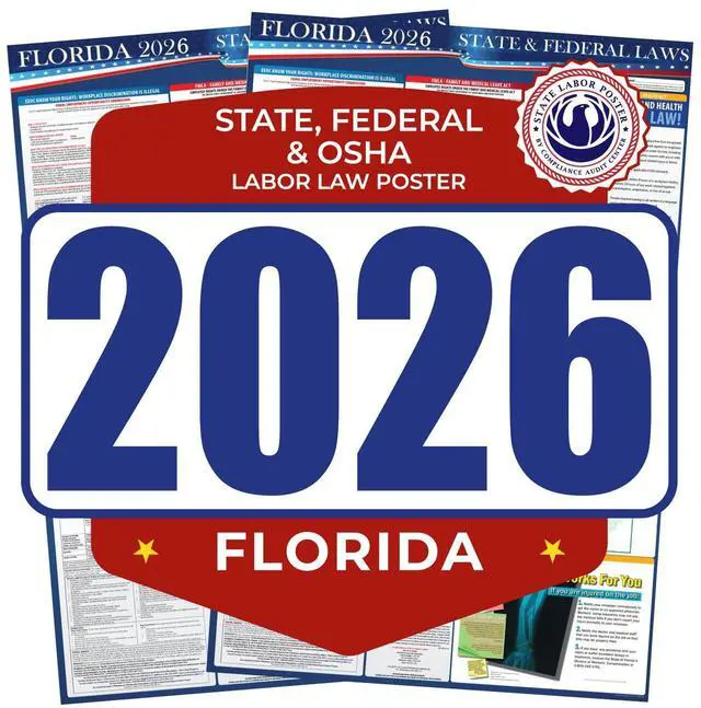 Main image of 2026 Florida State & Federal Mandatory Labor Law Poster, OSHA Compliant (English Pack of 2)