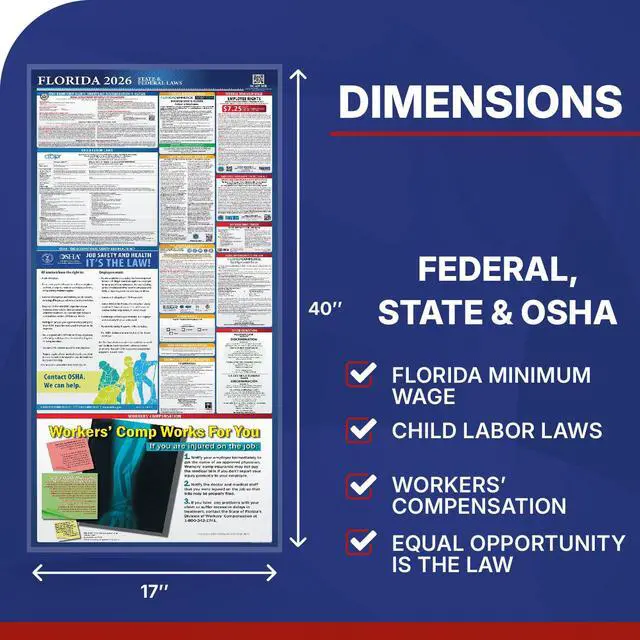 Alt view image 2 of 7 - 2026 Florida State & Federal Mandatory Labor Law Poster, OSHA Compliant (English Pack of 2)