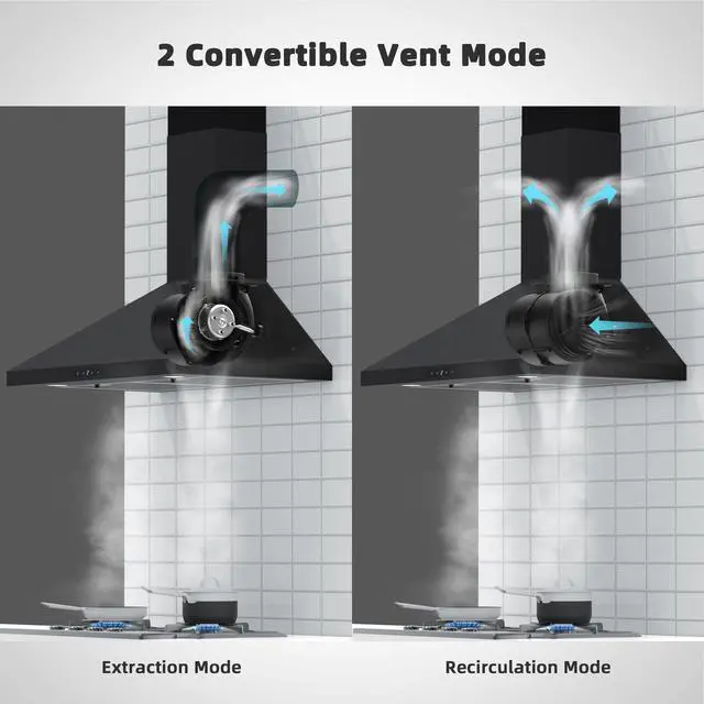 Alt view image 3 of 7 - Black Range Hood 30 inch, Convertible Wall Mount Range Hood with Brushless Motor, 450 CFM, 9 Speed Fan, Soft Touch Controls, Permanent Filters, LED Lights, Charcoal Filter included