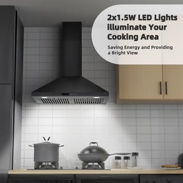 Alt view image 6 of 7 - Black Range Hood 30 inch, Convertible Wall Mount Range Hood with Brushless Motor, 450 CFM, 9 Speed Fan, Soft Touch Controls, Permanent Filters, LED Lights, Charcoal Filter included
