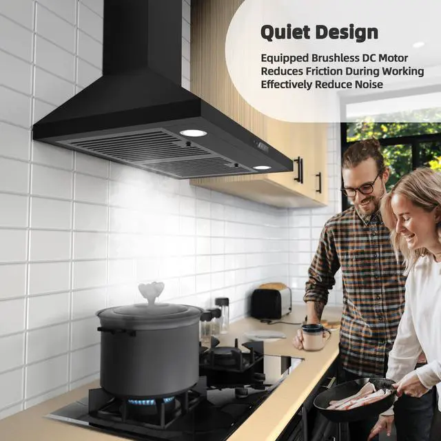 Alt view image 4 of 7 - Black Range Hood 30 inch, Convertible Wall Mount Range Hood with Brushless Motor, 450 CFM, 9 Speed Fan, Soft Touch Controls, Permanent Filters, LED Lights, Charcoal Filter included