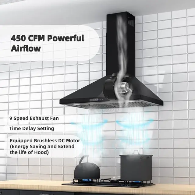 Alt view image 2 of 7 - Black Range Hood 30 inch, Convertible Wall Mount Range Hood with Brushless Motor, 450 CFM, 9 Speed Fan, Soft Touch Controls, Permanent Filters, LED Lights, Charcoal Filter included