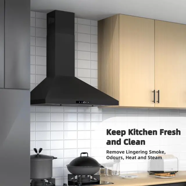 Alt view image 5 of 7 - Black Range Hood 30 inch, Convertible Wall Mount Range Hood with Brushless Motor, 450 CFM, 9 Speed Fan, Soft Touch Controls, Permanent Filters, LED Lights, Charcoal Filter included